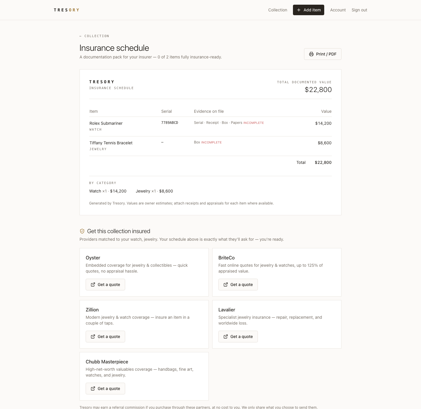 Tresory insurance schedule with matched insurance providers